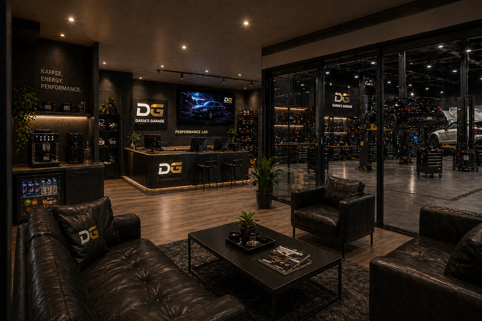 Lounge und Werkstattblick bei Daria's Garage